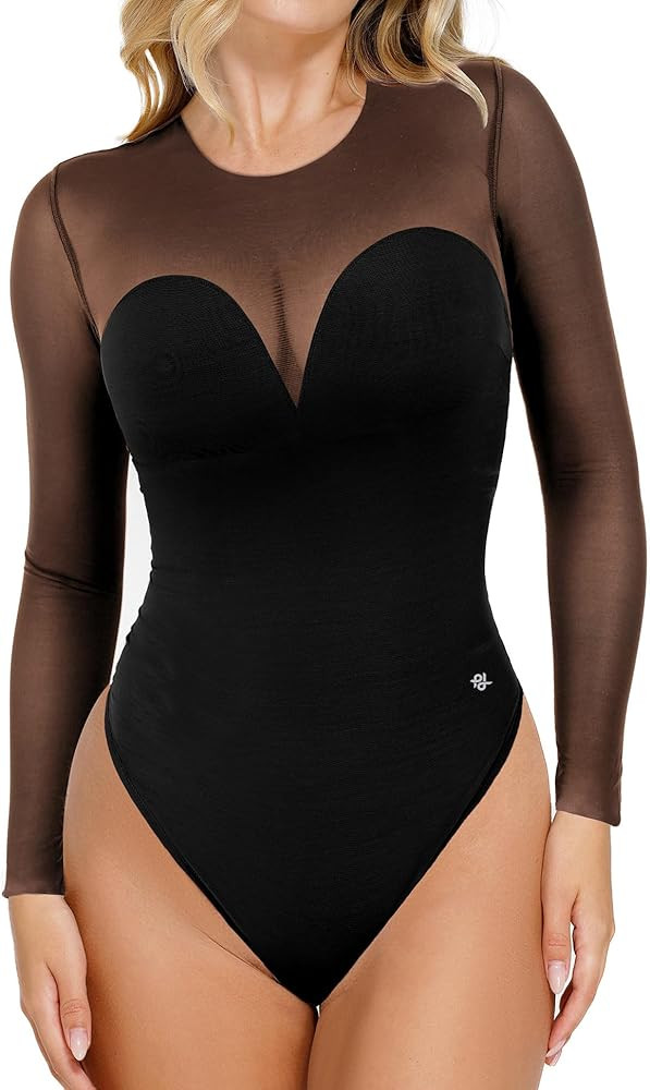 Popilush Long Sleeve Mesh Shapewear Bodysuit for Women Tummy Control Sheer Body Suits Womens Buil... | Amazon (US)