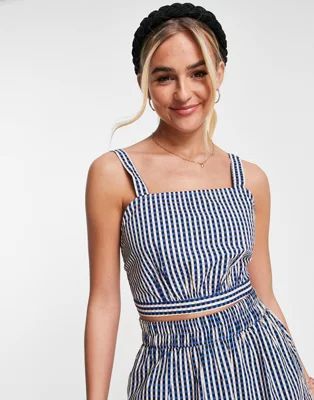 Pieces tie back crop top in navy & white check | ASOS (Global)