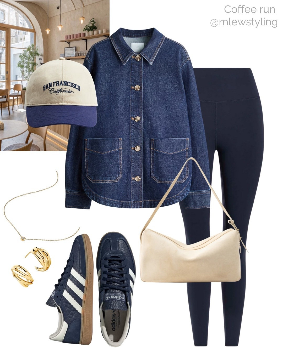 Easy outfit for a coffee run ☕️

Tags: weekend outfit, coffee date, denim shirt, navy blue leggings, blue adidas sneakers, H&M baseball cap, Elleme leather shoulder bag, Mejuri necklace, gold earrings, winter to spring transitional outfit, capsule wardrobe 

#LTKSeasonal #LTKootd #LTKActive