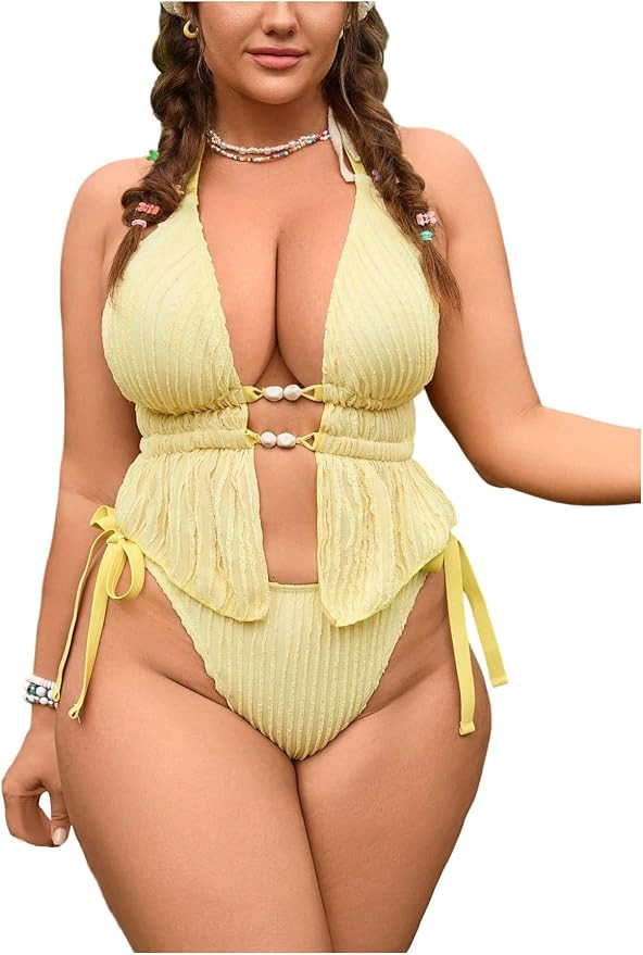 MakeMeChic Women's Plus Size 2 Piece Tankini Set Halter Tie Back High Cut Bathing Suit | Amazon (US)