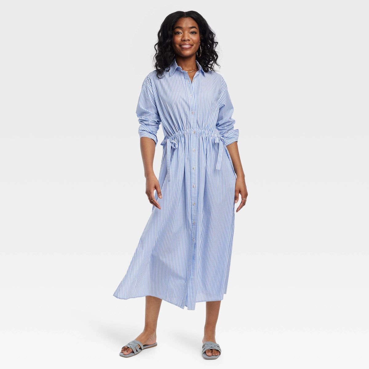 Women's Long Sleeve Cinch Waist Maxi Shirtdress - Universal Thread™ Blue Striped M | Target