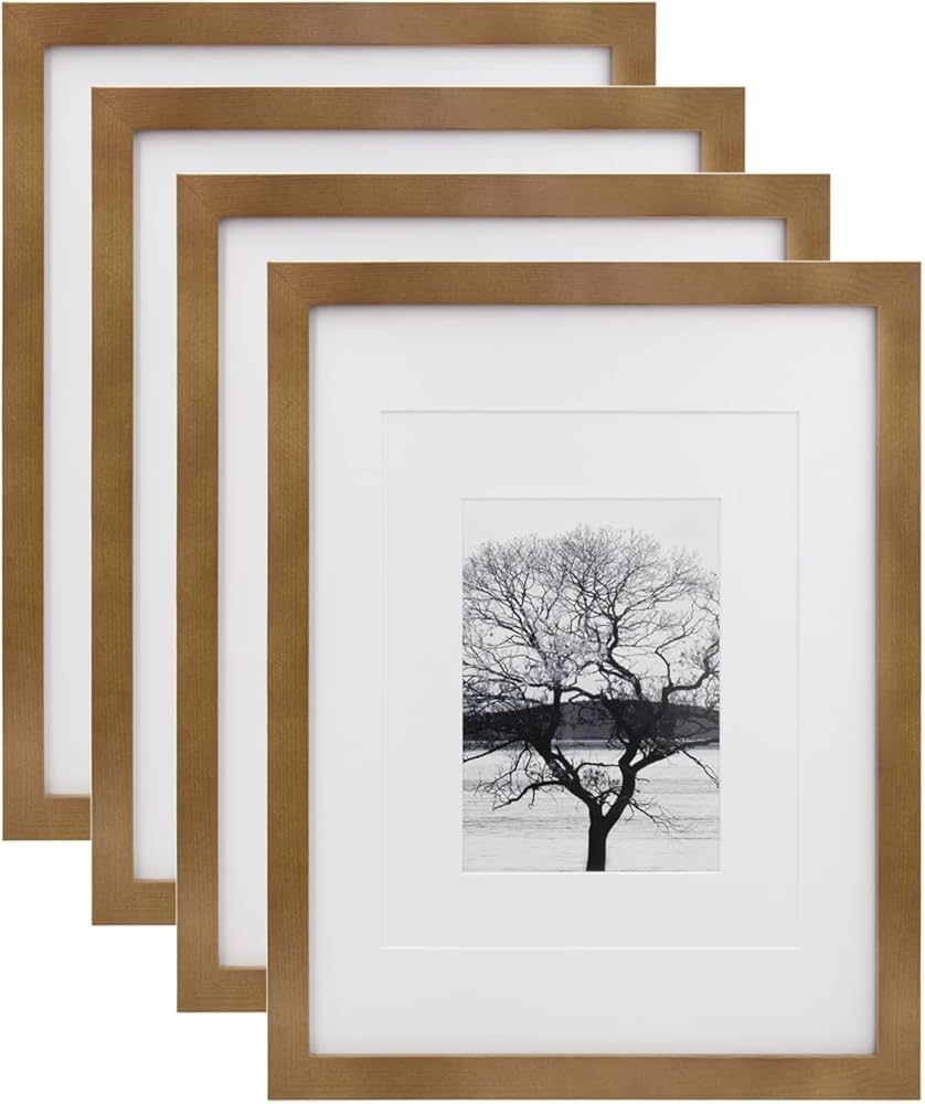 Egofine Picture Frames 4 Pack Display Pictures 5x7/8x10 with Mat or 11x14 Without Mat Made of Solid Wood Covered by Plexiglass for Table Top Display and Wall Mounting Photo Frame, Light Brown | Amazon (US)