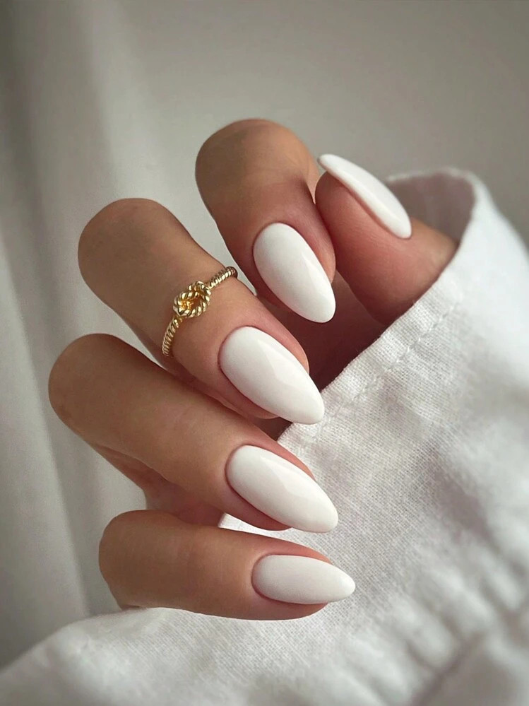 Transform Your Nails With, 24pcs White Almond Presson Nails , Fit Perfectly& Medium Length Design Acrylic Fake Nails, Contain 1pc Jelly Glue And 1pc Nail File, Suitable For Ladies And Girls Daily Work Party Use Nail Supplies | SHEIN