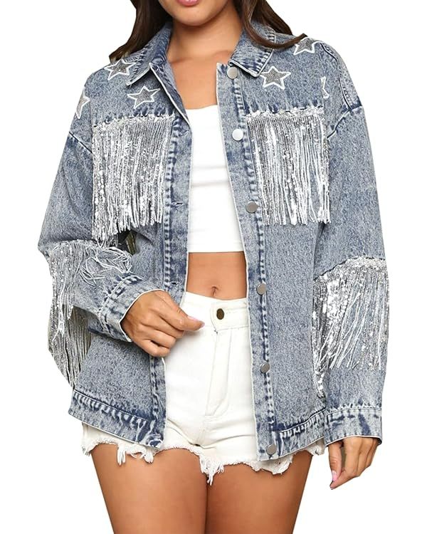 Joiemont Womens Star Sequin Fringe Denim Jacket Long Sleeve Fringe Jean Jacket Coats | Amazon (US)