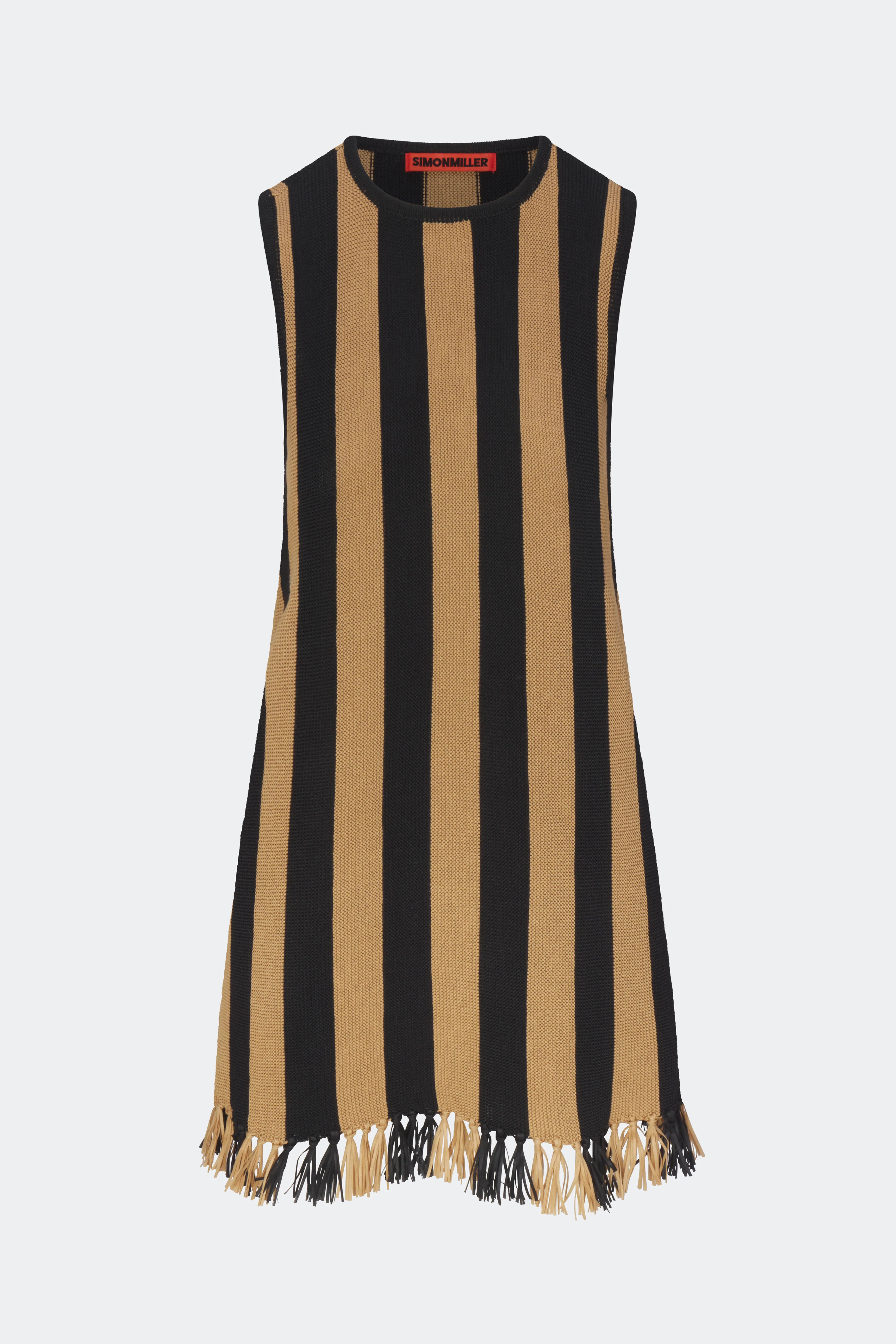 Moji Stripe Tassel Mini Dress in Black/Natural Combo | Simon Miller