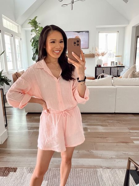 Wearing light pink button down two piece set that is great for casual work from home, early fall outfit, lounging and more! Comes in a variety of colors and i also own it in apricot. Super comfy, flattering on and fits TTS!

#LTKstyletip #LTKSeasonal