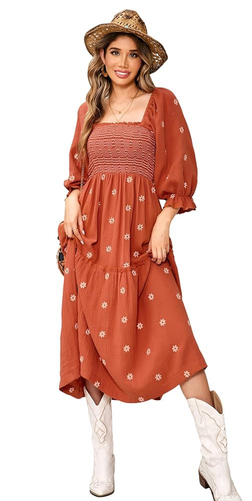 R.Vivimos Women's Long Sleeve Cotton Boho Midi Dress Vintage Square Neck Floral Embroidered Tiere... | Amazon (US)