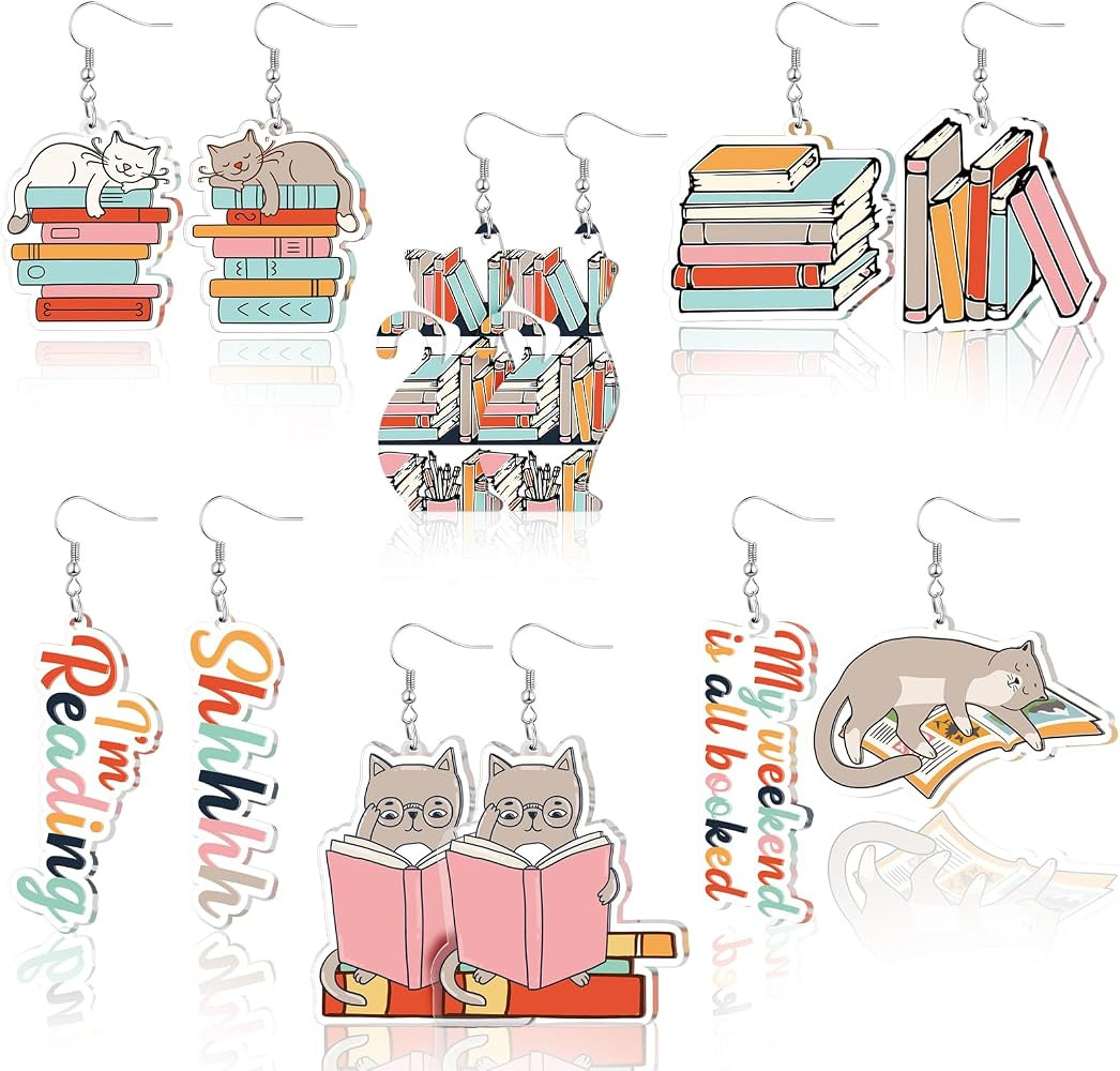 6 Pairs Bookcase Book Earrings for Women Acrylic Teacher Accessories Library Funny Cat Earrings f... | Amazon (US)