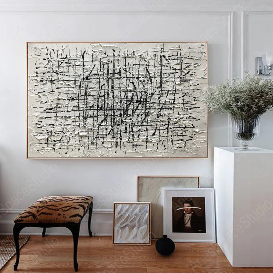 Textured white painting,Black and white abstract painting,Modern abstract painting on canvas,Larg... | Etsy (US)