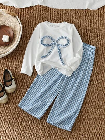4 To 7 Years Young Girls Clothes Sets Fall Bow Long Sleeves T-Shirt Top And Plaid Casual Pants Tw... | SHEIN