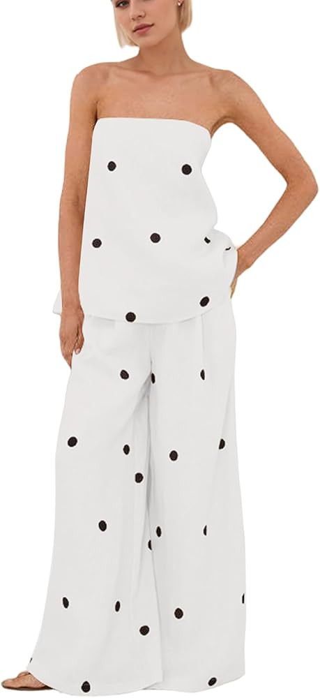 Women Polka Dot 2 Piece Outfits Spot Strapless Tube Top High Waist Wide Leg Pants Casual Lounge S... | Amazon (US)