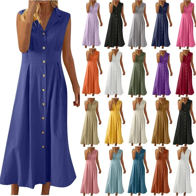 UVEASISHA Womens Sleeveless Maxi Dress Cotton Linen Collared Button Down Shirt Dresses Flowy Plea... | Walmart (US)