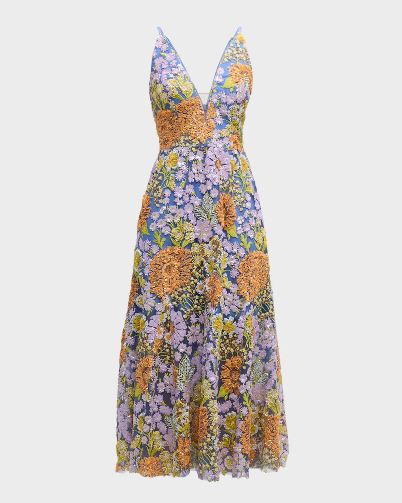 Leslie Deep V-Neck Floral Sequin Midi Dress | Neiman Marcus