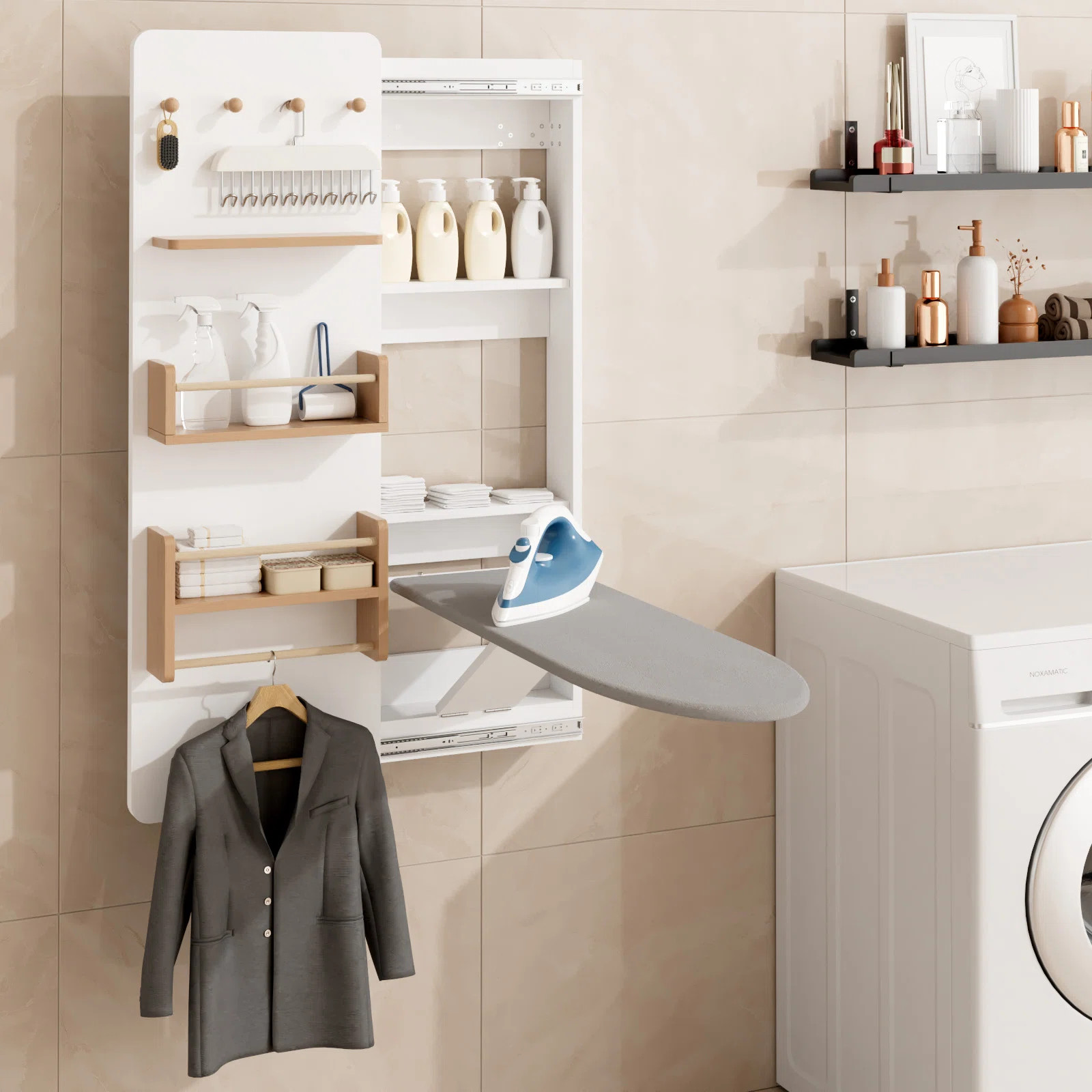 Wall-mounted Ironing Board Cabinet with Sliding Door, Shelf, Hooks and Hanging Rod | Wayfair North America