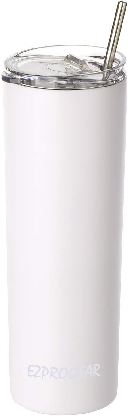 Ezprogear 20 oz Skinny White Stainless Steel Coffee Tumbler Vacuum Insulated with Straw (20 oz, W... | Amazon (US)