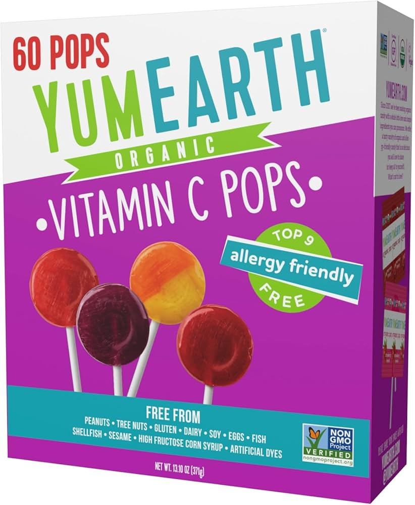 YumEarth Organic Vitamin C Pops Variety Pack, 60 Fruit Flavored Favorites Lollipops, Allergy Frie... | Amazon (US)