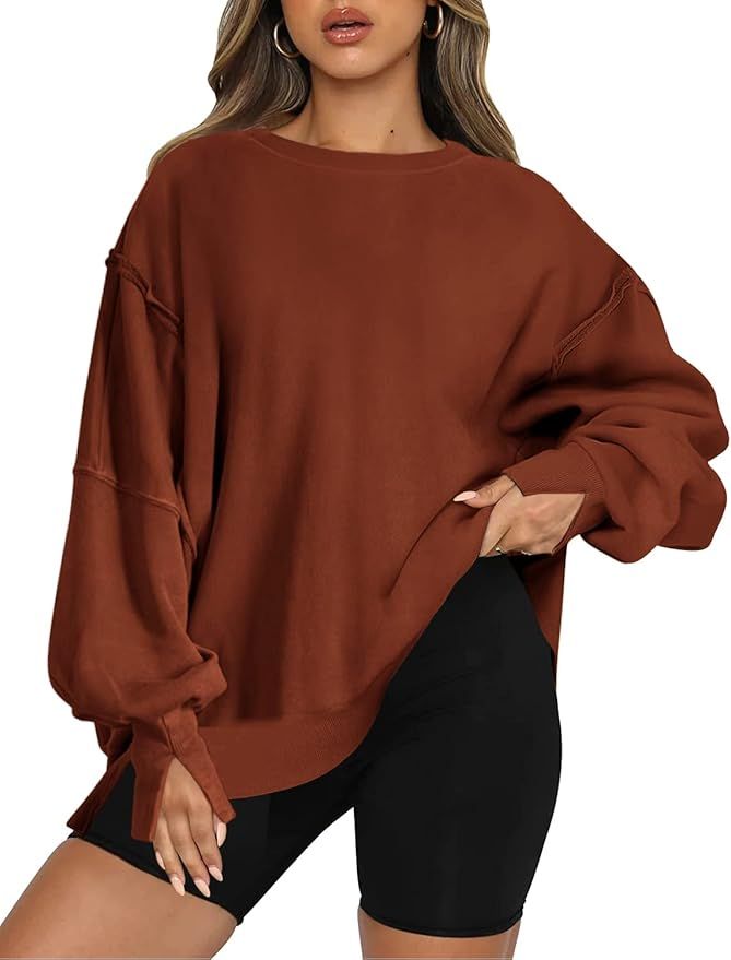 Panadila Women's Oversized Crewneck Sweatshirt with Side Slits Casual Long Sleeve Pullover Loose ... | Amazon (US)