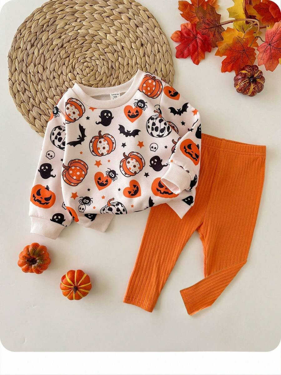 SHEIN Babygirl Cute Cartoon Pattern Long Sleeve Sweatshirt And Elastic Waist Long Pants Set, Suit... | SHEIN