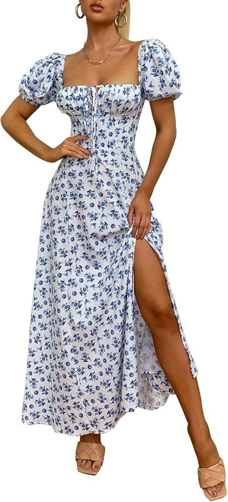 Women's Summer Puff Sleeve Floral Split Maxi Dress Flowy A Line Casual Beach Long Dresses | Amazon (US)