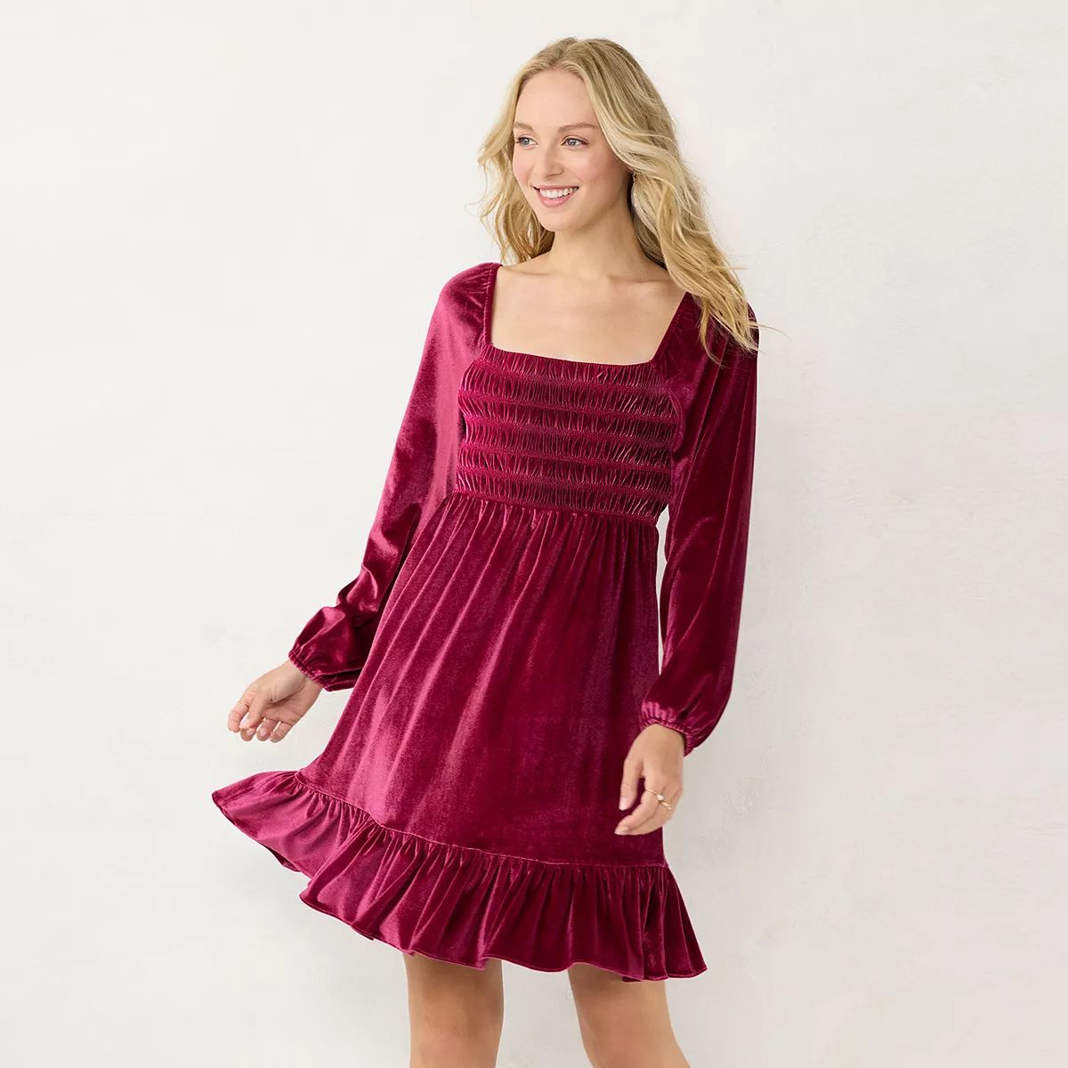 Women's LC Lauren Conrad Smocked Velvet Mini Dress | Kohl's