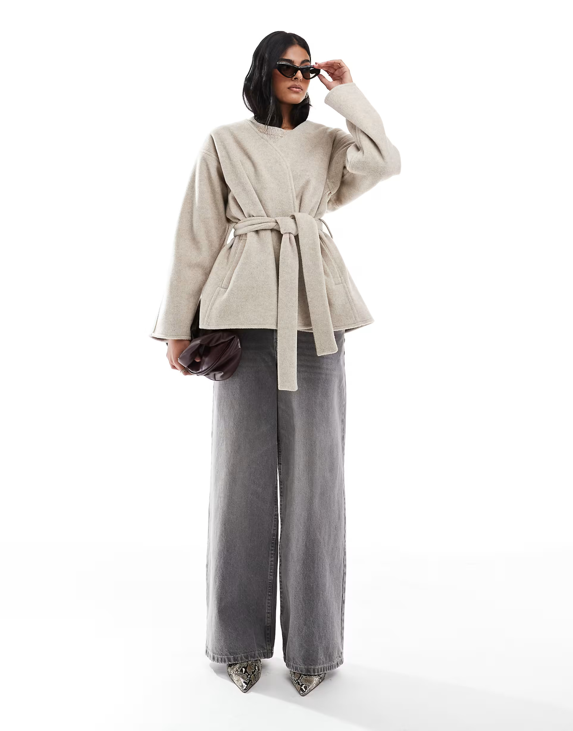 ASOS DESIGN belted collarless formal coat in oatmeal | ASOS (Global)