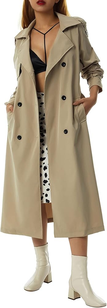 Rteyno Women Double Breasted Long Trench Coat, Classic Lapel Long Autumn Jacket Windproof Overcoat w | Amazon (US)