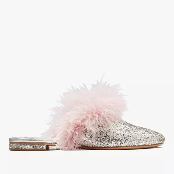 ♠️Kate Spade Marabou Silver Glitter Pink Feather Mules Slide NIB | Poshmark