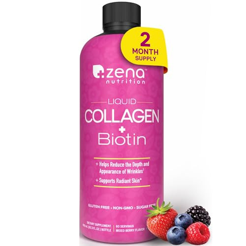 Zena Nutrition Liquid Collagen for Women & Men (Type 1 & 3) & 5000mcg Biotin, 2500mg Verisol Bioactive Collagen Peptides, Hair, Skin, Nail Supplement, Mixed Berry Colageno, 60 Servings, 20.3 fl oz | Amazon (US)