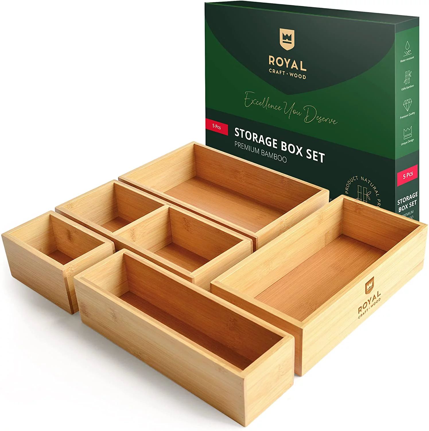 Royal Craft Wood Bamboo Drawer Organizer Storage Box / Bin Set - 5-Piece Multi-Use Drawer Organiz... | Walmart (US)