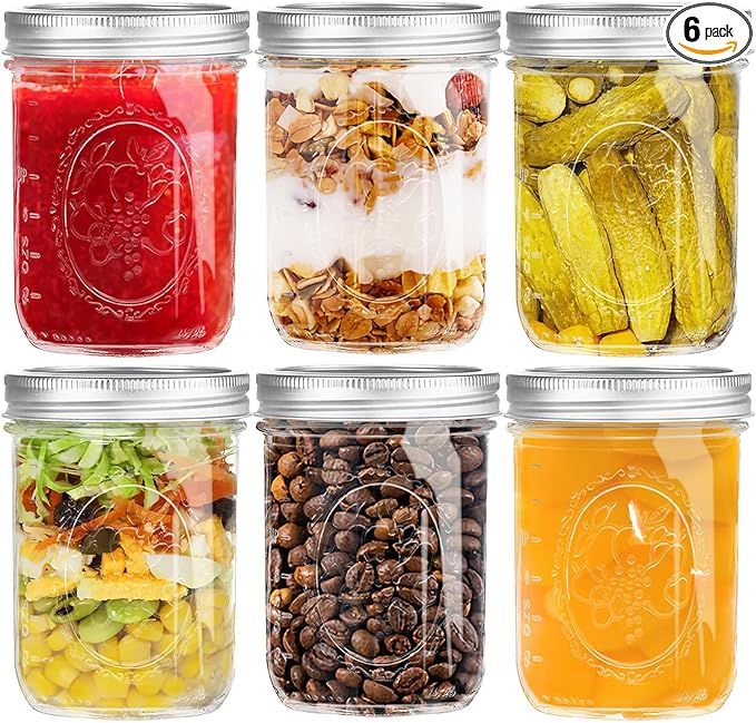 Wide Mouth Mason Jars 16 oz, 6 Pack Glass Mason Canning Jars with Metal Airtight Lids and Bands C... | Amazon (US)