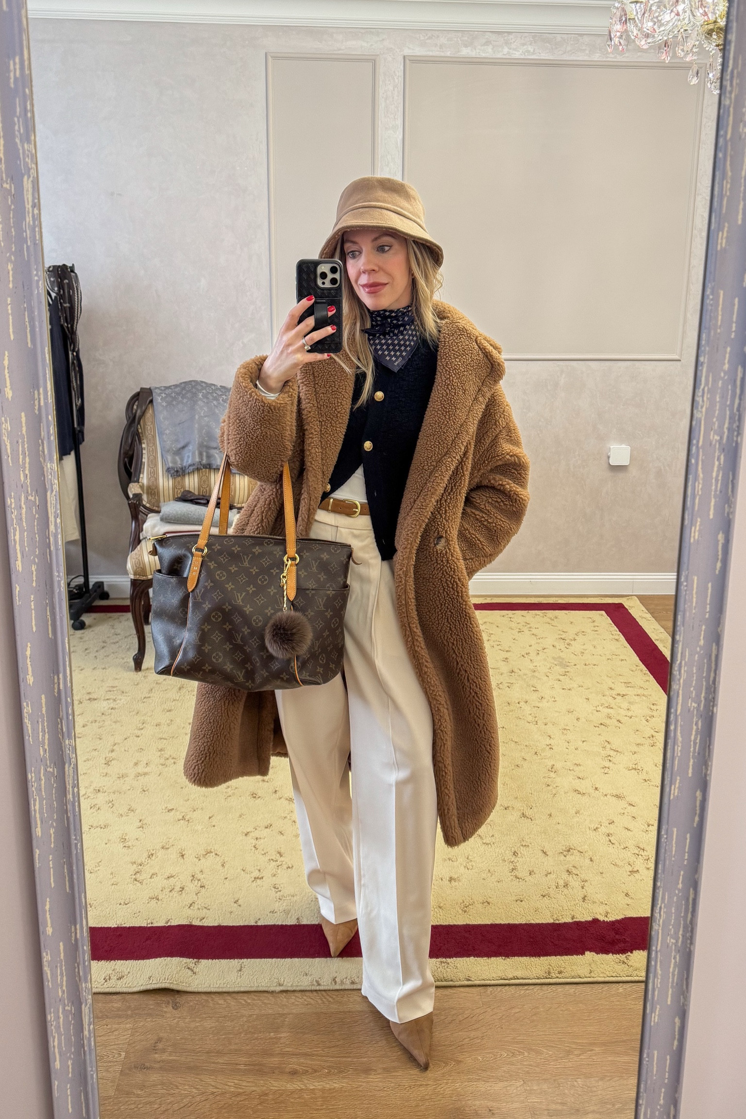 Work wear outfit, teddy coat outfit, shearling bucket hat, silk neck scarf, gold button cardigan, cream wide leg pants 

#LTKOver40 #LTKWorkwear #LTKFindsUnder50