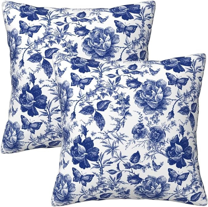 Blue and White Porcelain Floral Butterfly Pillow Covers 18x18 in Vintage Chinoiserie Couch Pillow... | Amazon (US)