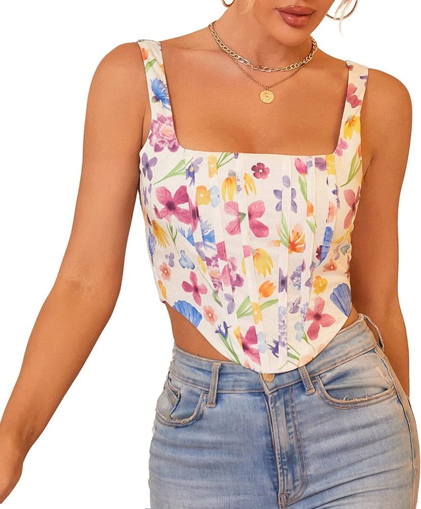 KUTUMAI Women's Summer Floral Corset Crop Top Strap Boned Bustier Cute Zip Back Party Bodyshaper | Amazon (US)