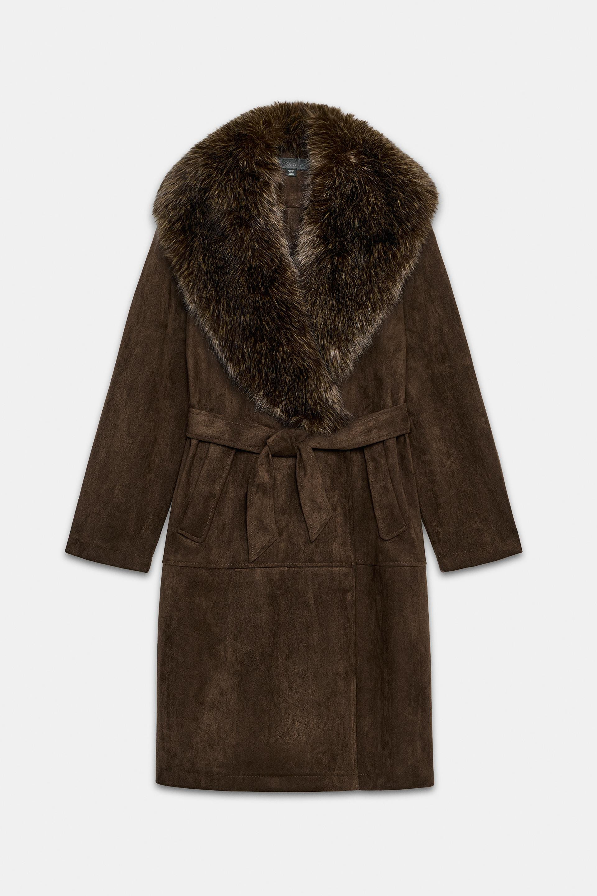 Zara - Faux Fur Collar Belted Coat - Brown - Xs - Woman | Zara US