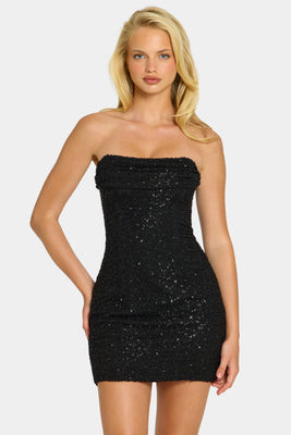 Embellished Strapless Cowl Neck Mini Dress in Black | Oh Polly