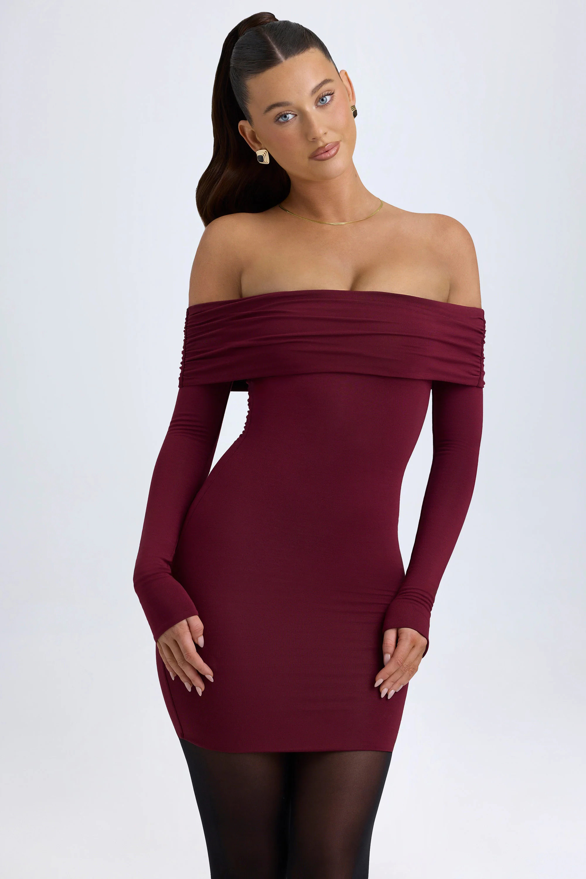 Modal Off-Shoulder Mini Dress in Wine Red | Oh Polly