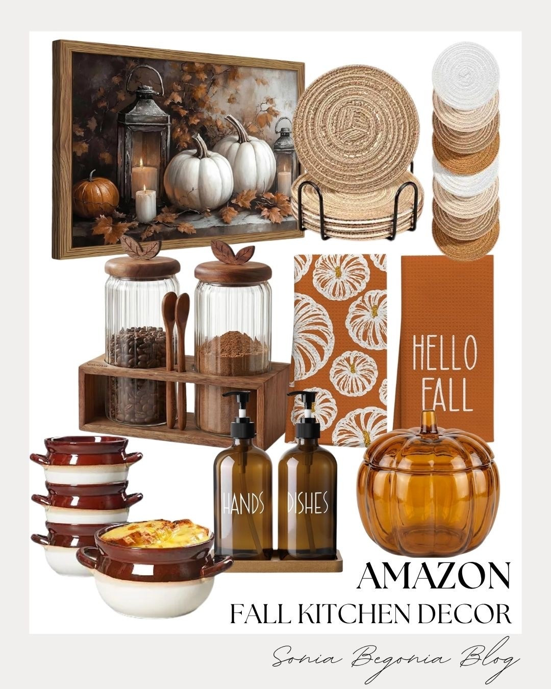 Hello Fall! 🍂
Bringing cozy autumn vibes into the kitchen with these incredible Amazon finds! From this stunning canvas wall art to the ribbed glass canisters with wooden leaf lids, every detail feels so perfect for the season.

Loving the mix of natural textures like the braided placemats with the rich amber glass pumpkin jar and amber dispenser bottles. 🕯️

Even the small French onion soup bowls add that perfect, inviting touch for cozy meals. ✨

#AmazonHome #FallKitchen #AutumnDecor #CozyHome #KitchenInspo #FallVibes #AmazonFinds #HomeDecor #LTKhome #SeasonalDecor #KitchenStyle

#LTKHome #LTKSeasonal
