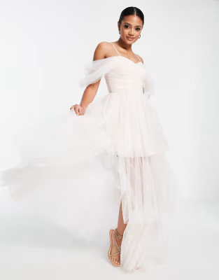 Lace & Beads long sleeve tulle maxi dress in powder pink | ASOS | ASOS (Global)