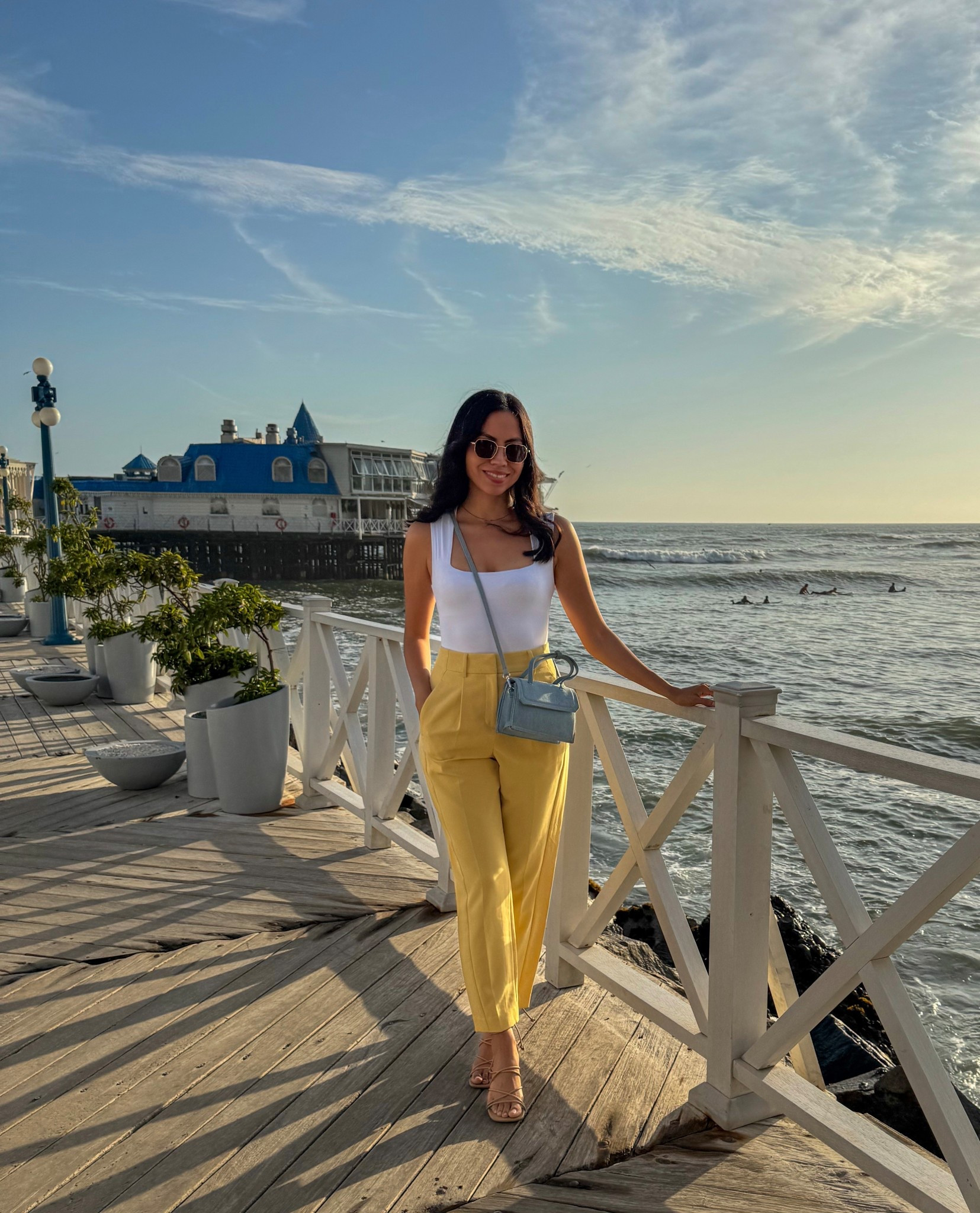 Pastel yellow is the color of the season, so I styled these yellow pants with a white bodysuit and a baby blue denim handbag. It’s giving coastal aesthetic and spring vibes. This look could work great as an Easter outfit or vacation outfit.

#LTKStyleTip #LTKItBag #LTKSeasonal