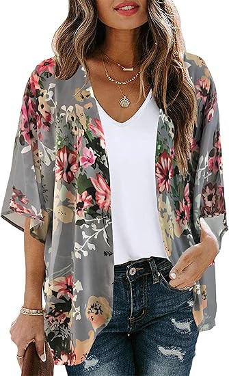 Women's Floral Print Puff Sleeve Kimono Cardigan Loose Cover Up Casual Blouse Tops 2026 | Amazon (US)