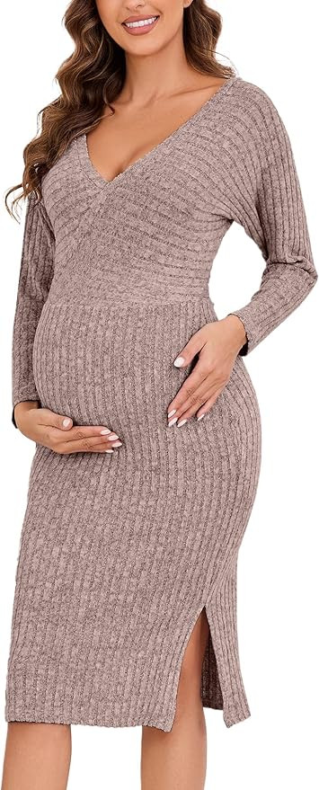 guruixu Wrap V Neck Maternity Sweater Dress Rib Knit Batwing Open Back Slit Pregnancy Dresses Bab... | Amazon (US)