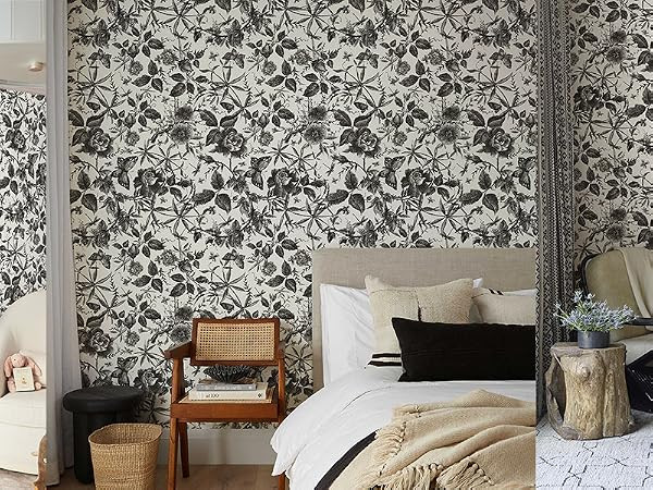 JiffDiff Floral Wallpaper Peel and Stick, Vintage Wallpaper Wall Stick Black Rose Removable Vinyl Wa | Amazon (US)