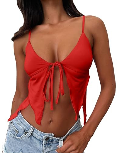 VASAUGE Women's Summer Sexy Backless Tie Front Crop Tops Deep V Neck Spaghetti Strap Cami Top, X-Small, Red | Amazon (US)