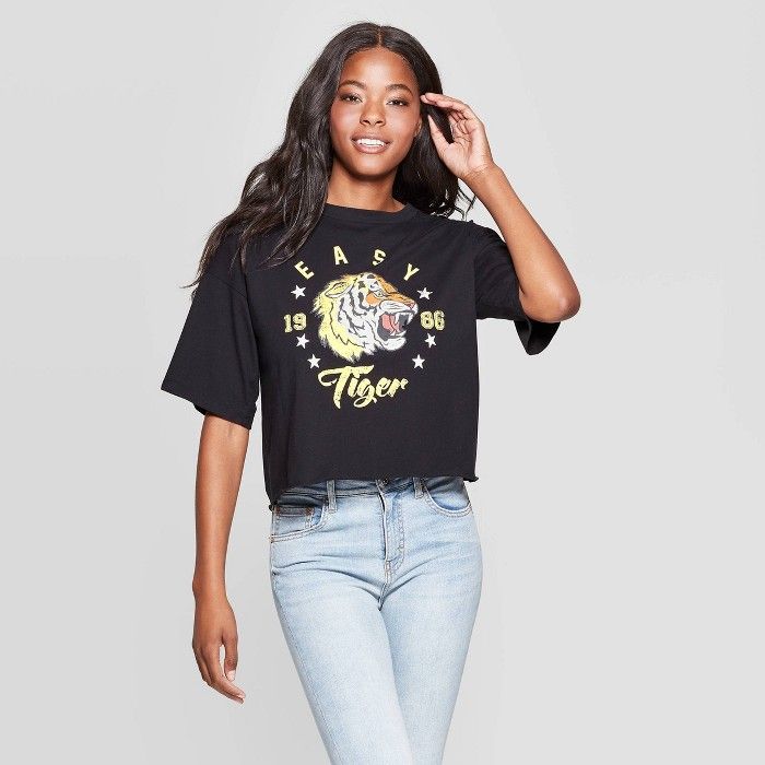 Women's Easy Tiger Short Sleeve Cropped T-Shirt (Juniors') - Black | Target