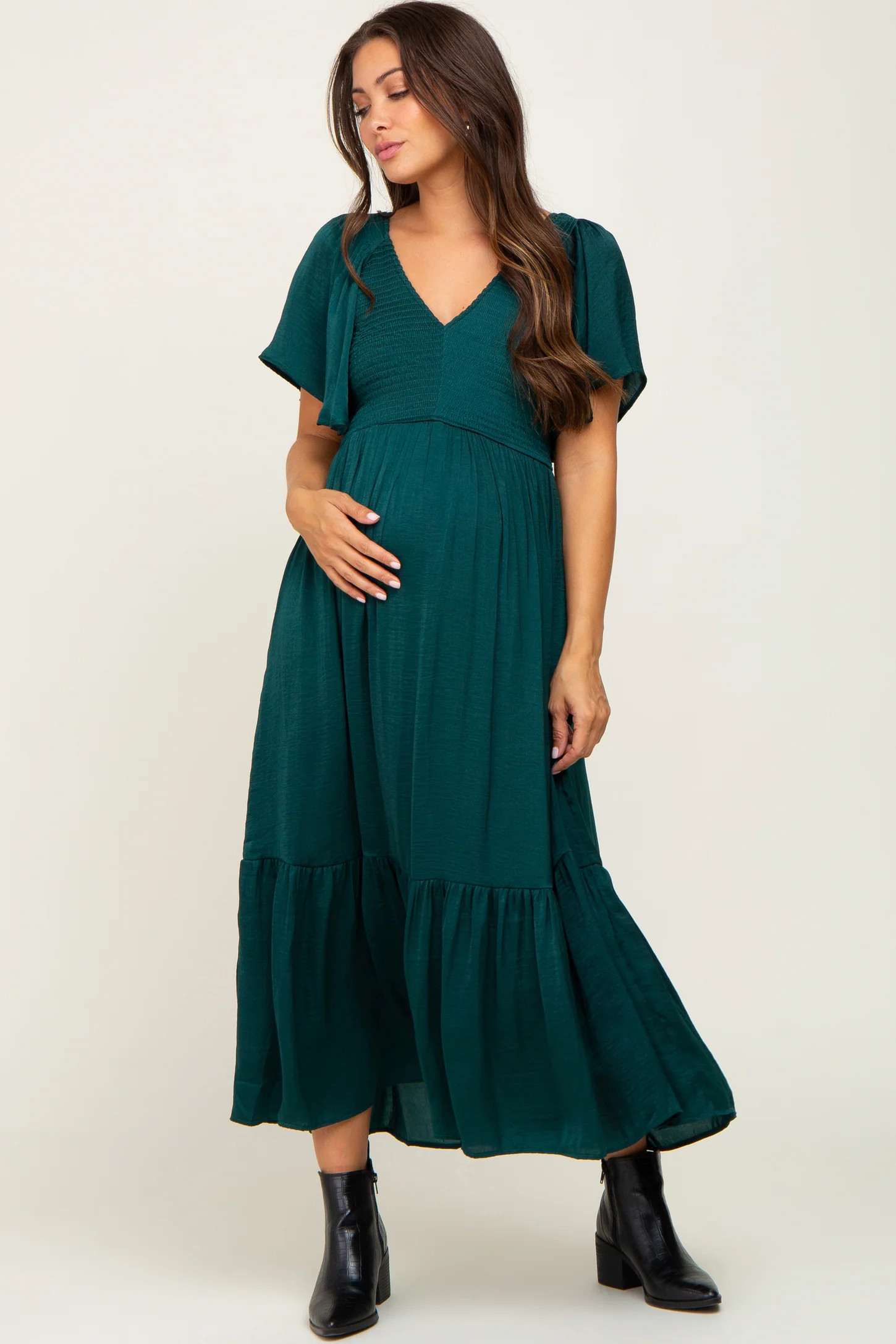 Emerald Satin Smocked Maternity Midi Dress | PinkBlush Maternity