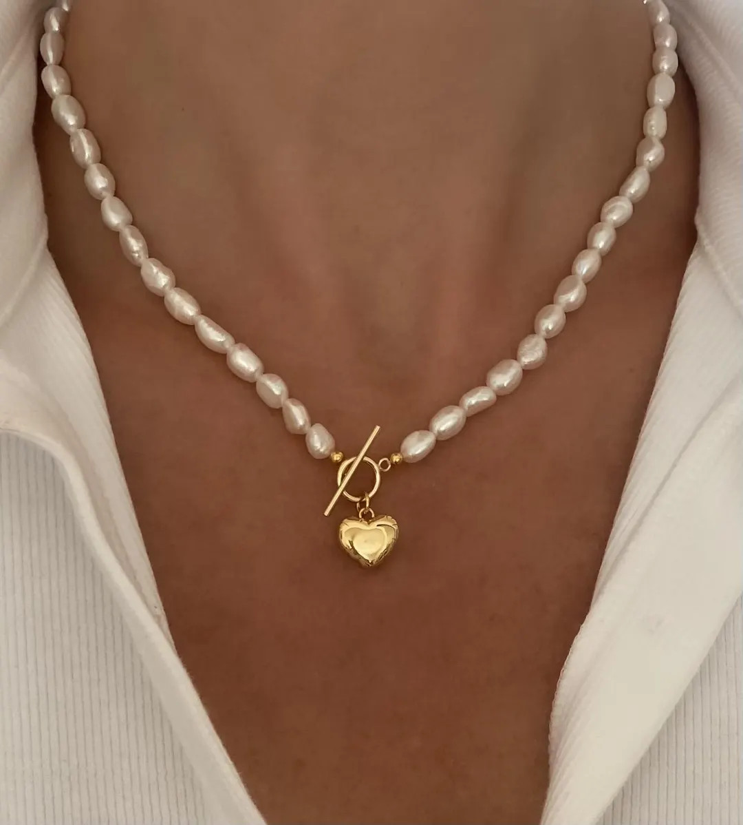 Freshwater Pearl Necklace, Pearl Chain Necklace, Toggle Necklace, Heart Toggle, Gold Toggle, Jewe... | Etsy (US)