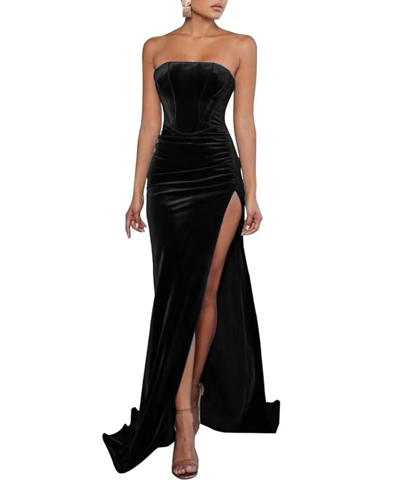 Lawrncedw Velvet Long Prom Dress Strapless Bridesmaid Dresses Formal Evening Party Gown for Women... | Amazon (US)