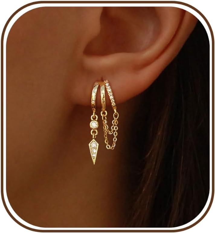 Dangle Earrings for Women,14k Gold Plated Triple Huggie Stud Earrings Cute Statement Chain Earring Dainty Drop Earrings for Women Trendy Gold Plated Jewelry | Amazon (US)