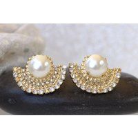 Pearl Bridal Earrings, Pearl Gold Wedding Earrings, Swarovski White Stud Statement Earrings For Brid | Etsy (US)