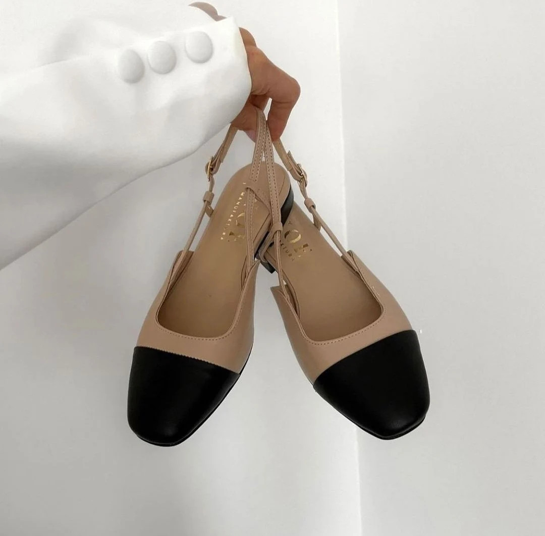 Beige flat shoes, closed toes without heel, two-color pumps, round black toe, slingback, womes le... | Etsy (US)